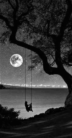 a person sitting on a swing under a tree with the moon in the sky above