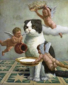 a cat sitting on top of a plate next to angels and cherubs eating food