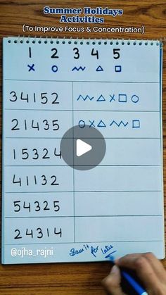 a person is writing numbers on a piece of paper with a blue marker and the words summer holidays activities to improve focus & concentration