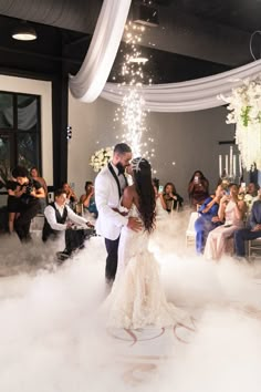 Wedding Inside Receptions, Boujee Wedding Reception, Wedding Fog Machine, Small Wedding Reception Ideas Indoor, Fog Machine Wedding, 2026 Wedding, Bride And Groom First Dance, Bridgerton Vibes, Indoor Wedding Reception