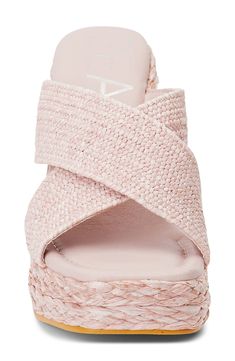 Crisscrossing straps and braided trim along the sole bring abundant texture to this lofty platform sandal. 4" heel; 1" platform Contoured footbed with arch support Synthetic upper, lining and sole Imported Cute Beach Shoes, Trendy Wedges, Italy Vibes, Trending Flats, Summer Wedges, Platform Mules, Rollerball Perfume, Vibe Clothes, On Beach