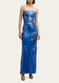 Pattern Formal Dress, 2024 Couture, Blue Runway Dress, Blue Sparkly Prom Dress, Sparkle Gown, Midi Dress Wedding Guest, Blue Gown, Column Gown, Bergdorf Goodman