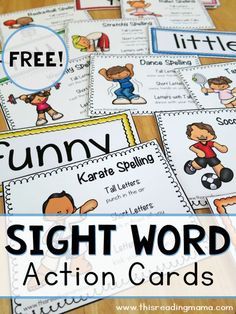 sight word action cards with the words funny and free