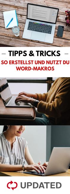 two pictures with the words tips and tricks on them, one shows a woman using a laptop