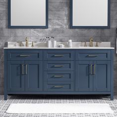 two mirrors are above the double sink vanity in this gray and blue bathroom with tile flooring