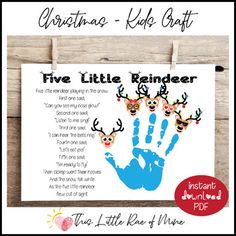 a hand print with three deer heads and the words five little reindeers on it