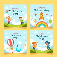 four children's day cards with cartoon characters