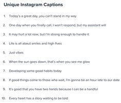 an instagram page with the words unique instagram captions on it and below