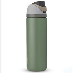 thermos bottle is green and grey with a brown cap on it's side