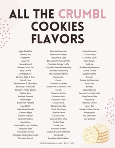 the all the crumbl cookies flavors list is shown in pink, white and black