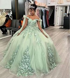 Letitia | Ball Gown Lace Off the Shoulder Sage Green Quinceanera Dress | KissProm Green Sweet 16 Dresses, Sage Green Quinceanera, Green Sweet 16, Lavender Prom Dress Long, Green Quince Dress, 15 Birthday Dresses, Green Quinceanera, Green Quinceanera Dresses, Green Ball Gown