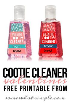 two bottles of hand sanitizers with text overlay that reads, valentine cleaner free printable from