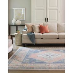 a living room scene with focus on the couch and rug