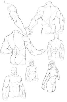 an image of some sketches of people in different poses and body shapes on a white background