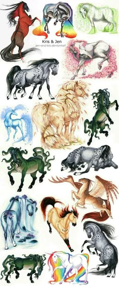 an image of horses that are in different colors and sizes, including black, white, blue