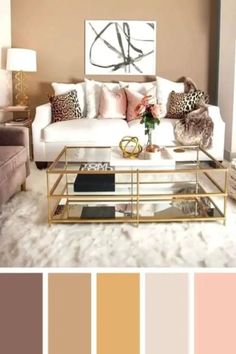 a living room filled with furniture and lots of color scheme in shades of brown, pink, beige and white