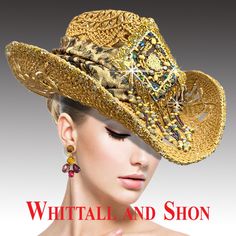 Adorning this open weave cowboy hat is a luxurious draped sparkle leopard hatband at the center of which sits a hand-beaded motif inspired by tribal artisans. This central piece features intricate beadwork, showcasing traditional patterns and designs that reflect the rich heritage of tribal craftsmanship. The wired 3″ brim allows the one to fashion the brim to ones liking. Western Gold Hat Bands For Party, Western Style Gold Hat Bands For Parties, Elegant Gold Hat For Festival, Elegant Gold Festival Hat, Western Gold Hat Band For Rodeo, Gold Western Hat Band For Western-themed Events, Gold Western Hat For Country Events, Gold Western-style Hat Band For Western-themed Events, Bohemian Gold Party Hat