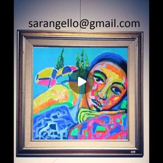 a painting is hanging on the wall in front of a sign that says sarangello @ email com