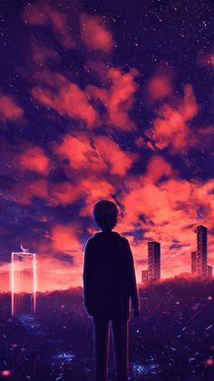 a man standing in front of a city at night with the sky filled with stars