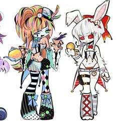 three cartoon characters dressed up as clowns and bunny ears, one is holding an apple