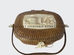 a brown wicker purse with an image on it