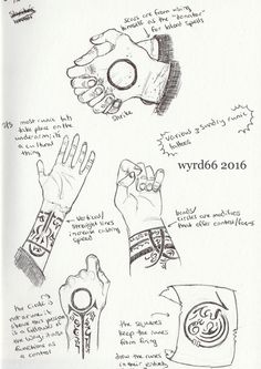 sketches of different wrist and wristbands with writing on them