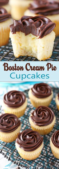 boston cream pie cupcakes on a cooling rack