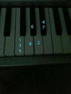 a close up of a piano keyboard with numbers on the keys and in blue letters