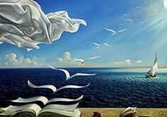 a painting of seagulls flying over an open book and seashells in the foreground