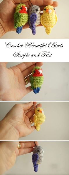 crochet beautiful birds apple and toast keychain pattern in three different colors