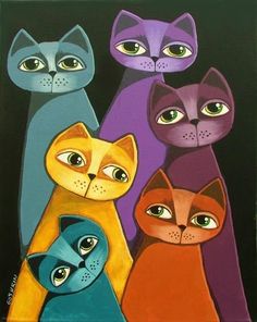 a painting of four cats with different colors