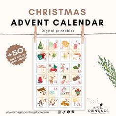 a christmas calendar hanging on a clothes line with the words'christmas advent calendar digital printables '