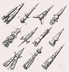 an image of many rockets in black and white