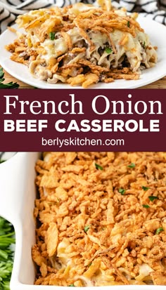 french onion beef casserole in a white dish on a table with parsley