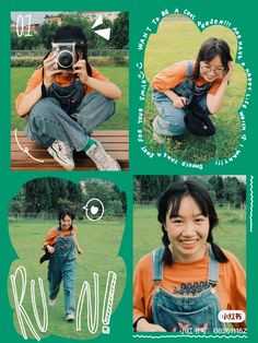 three photos of a woman taking pictures in the park with her camera, and another photo of herself smiling