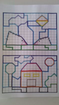 three squares with different shapes and colors on the same square, one has a house in it