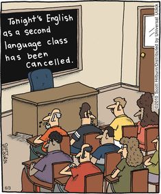 a cartoon showing people sitting in front of a blackboard