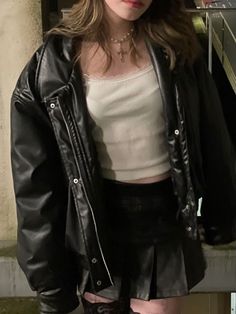 Black Mini Skirt Leather Jacket, Black Jacket Leather Outfit, Black Leather Jacket And Skirt Outfit, Leather Jacket Black Outfit, White Dress Black Leather Jacket, Black Core Outfit, Black Dress With Leather Jacket Outfit, Black Skirt Mini Outfit, Shaggy Outfit Aesthetic