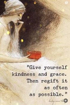 a woman sitting on the ground with a book in her hand and a quote above it that says, give yourself kindness and grace