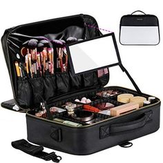 JAZZ GORDEN Professional Leather Makeup Train Case with Mirror Large Makeup Organizer Bag Travel Storage Bag Portable Zipper Cosmetic Brushes Bag Barber Case with Adjustable Divider and Stra Color: Black. Boxing Workout With Bag, Makeup Organizer With Mirror, Artist Storage, Professional Makeup Case, Makeup Organizer Bag, 80s Makeup, Makeup Case Organization, Makeup Brush Bag, Large Makeup Bag