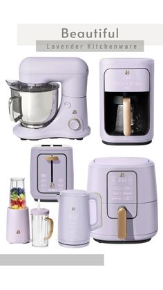 the kitchen appliance is purple and has gold trimmings on each side