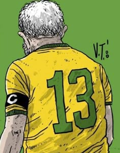 an older man wearing a yellow jersey with the number 13 on it