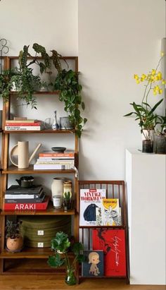 a book shelf filled with books next to a wall mounted planter and potted plants