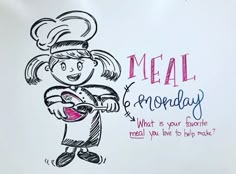 a drawing of a woman holding a hot dog in front of a sign that says meal monday