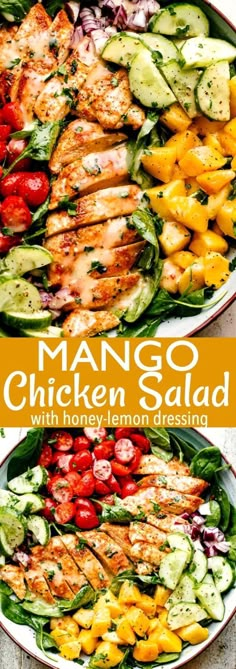 two plates filled with chicken salad and cucumbers on top of each other, next to the words mango chicken salad