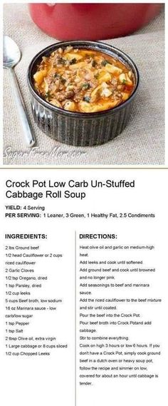 the recipe for crab pot low carb un - stuffed cabbage roll soup is shown