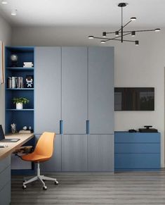 an office with blue cabinets and white walls