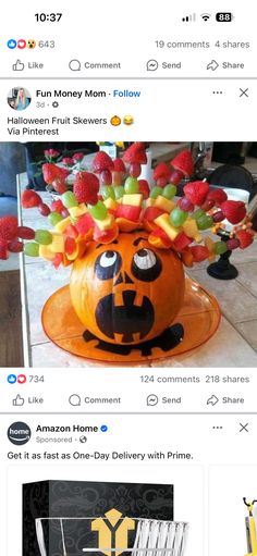 an image of a pumpkin with fruit on it's head