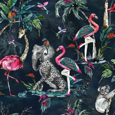 a wallpaper with flamingos, leopards and other tropical animals on dark blue background