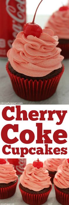 there are cupcakes with pink frosting and a cherry on top that says cherry coke cupcakes